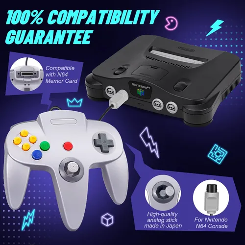 Vista 2 de Controlador N64 con cable clásico Gamepad Joystick para consola N64 (paquete de 2 gris)