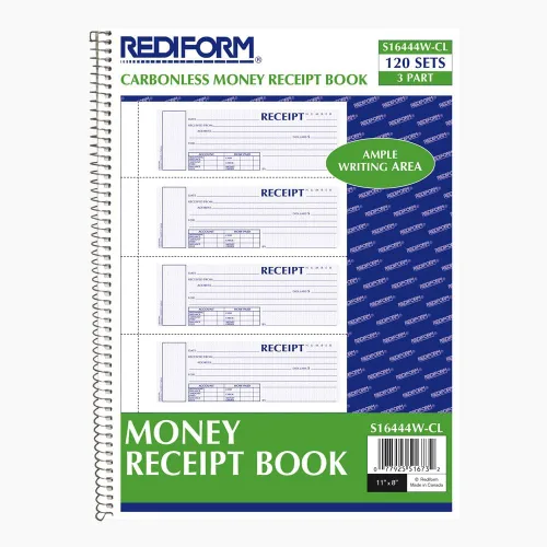 Vista 2 de Rediform S16444WCL Libro de recibos de dinero sin numerar encuadernado en espiral, 7 x 2 3/4, tres partes, 120 juegos/libro