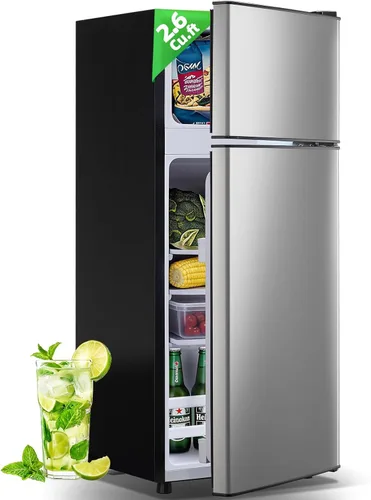 Vista 11 de DEMULELR - Mini refrigerador pequeño de 4.5 pies cúbicos con congelador, mini refrigerador negro de dos puertas con cajón para verduras y espacio