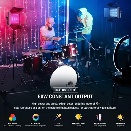 Vista 2 de GVM - Luz de video LED RGB con control Bluetooth, kit de iluminación de estudio de fotografía de 60 W con soportes, 2 paquetes de luz LED 880RS