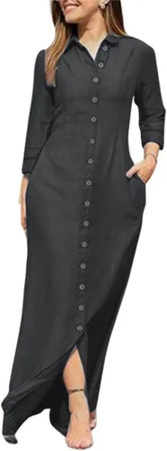 Vista 15 de utcoco Vestido largo casual de mezclilla con botones para mujer, con solapa, manga larga, con bolsillos