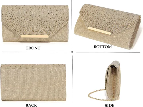Vista 4 de MUDUO Bolso de noche para mujer, con diamantes de imitación con purpurina, para boda, bolso de noche, sobre de cristal, bolso cruzado de hombro