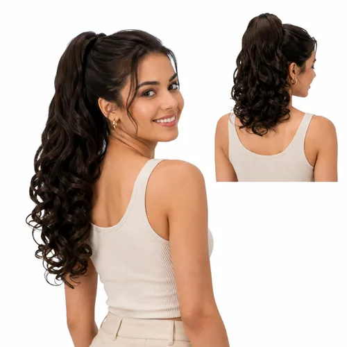 Vista 16 de PRETTYSHOP 16 o 20 pulgadas clip para el pelo en extensión cola de caballo 2 en 1 rizada resistente al calor Negro Marrón #2 H8-2