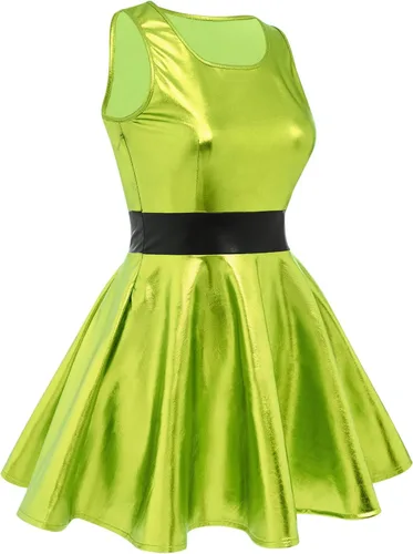 Vista 5 de IBAKOM Vestido skater metálico brillante para mujer, vestido holográfico de los años 80, disfraz de Halloween, vestido plisado de aspecto húmedo