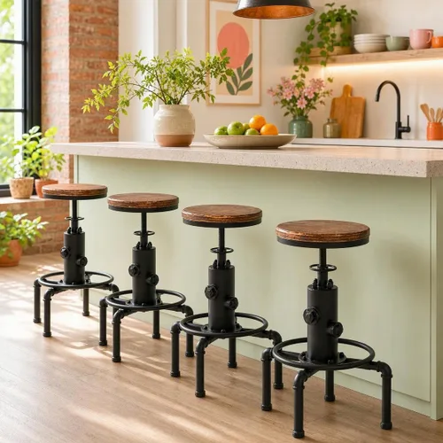Vista 2 de American Steampunk Industrial Fire Hydrant Bar Stools (Black, Wooden Top)