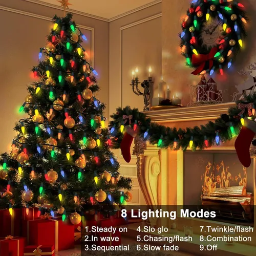 Vista 4 de DBFAIRY Paquete de 2 Luces de Cadena C6 que Funcionan con Pilas, Multicolor 16.4 pies 50 Luces LED de Guirnalda con Temporizador 8 Modos de Luz IP65