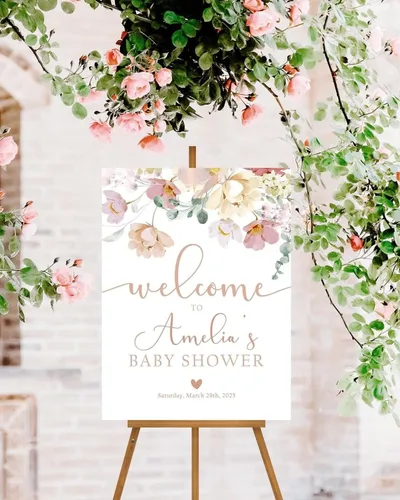 Vista 13 de Letrero de Bienvenida para Baby Shower de Flores Silvestres, Letrero de Baby Shower con Lazo Rosa, Póster de Bienvenida para Baby Shower, Decoración