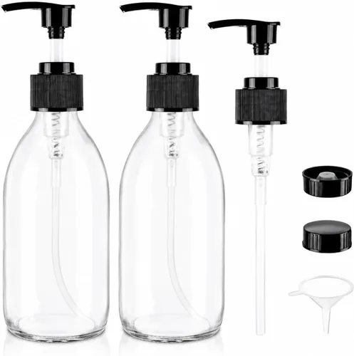 Vista 9 de Botella con bomba de vidrio ámbar de 8 onzas, dispensador de jabón vacío pequeño para aceite Refillable Dark Lotion Dispensers, Include Storage