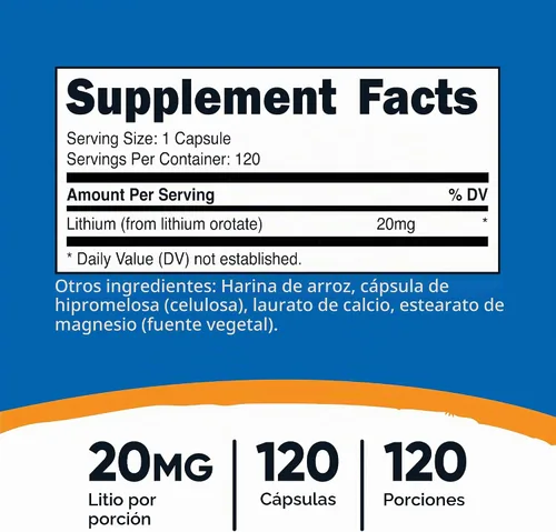 Vista 2 de Nutricost Orotato de litio 20 mg, 120 cápsulas, vegano, sin gluten, sin OMG