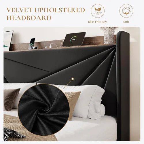 Vista 5 de SHA CERLIN Base de cama tamaño matrimonial con 3 cajones, puertos de carga USB y tipo C, cama plataforma tapizada en terciopelo con cabecera