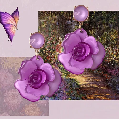 Vista 7 de Aretes colgantes de resina de gran tamaño, bohemios, únicos, delicados, de lujo, de gran tamaño, con flores grandes, pétalos florales para mujer