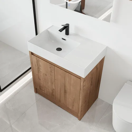 Vista 14 de Malwee Tocador de baño independiente de 24 pulgadas con lavabo, tocador de baño de pie de 24'', tocador moderno con 2 puertas y encimera de lavabo