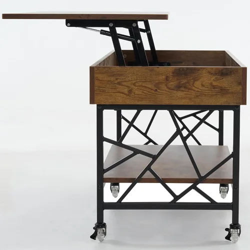 Vista 5 de ivinta Mesa auxiliar elevable con almacenamiento, mesa central de madera con ruedas bloqueables y compartimento oculto para sala de estar, oficina