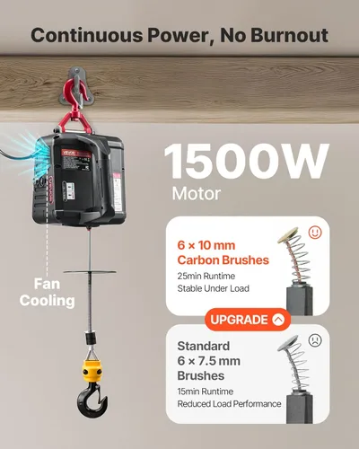 Vista 5 de VEVOR Polipasto Eléctrico 2 en 1, Capacidad de 1100 libras, Grúa Cabrestante Portátil de 1500W, Altura de Elevación de 25 pies, 16.4 pies/min
