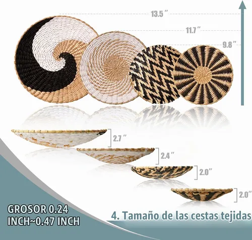 Vista 6 de Juego de 4 cestas redondas de ratán hechas a mano para colgar, decoración de pared para el hogar, sala de estar, dormitorio, casa de campo costera