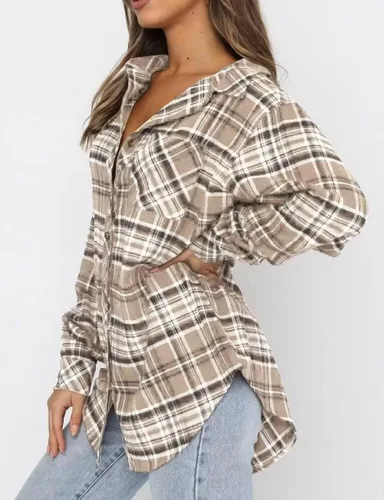 Vista 4 de Lacozy Camisa de franela a cuadros de búfalo para mujer, blusas de manga larga con cuello y botones