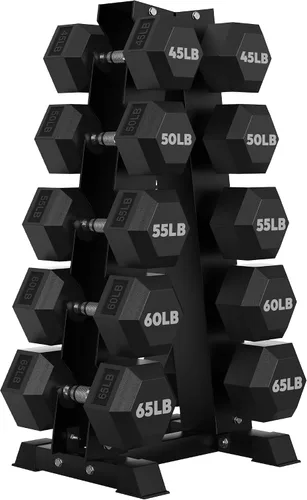 Vista 15 de HANDBODE Juego de mancuernas hexagonales recubiertas de goma con estante de marco en A, 100 libras - 600 libras, múltiples opciones