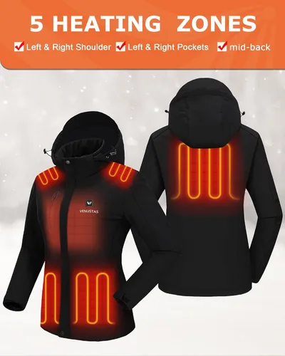 Vista 2 de Venustas - Chaqueta térmica para mujer con batería de 7.4 V, resistente al viento, eléctrica, aislada, con capucha desmontable, ajuste delgado