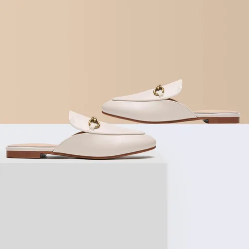 Vista 5 de Minorsu Mules con hebilla para mujer, puntera redonda, sin espalda, planas, deslizantes, zapatos sin cordones para mujer