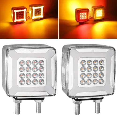 Vista 9 de Partsam Par de Luces de Señal de Giro de Guardabarros de Pedestal Cuadrado de Doble Cara Halo Resplandeciente Triple Stud, Ámbar/Rojo Cuadrado 47