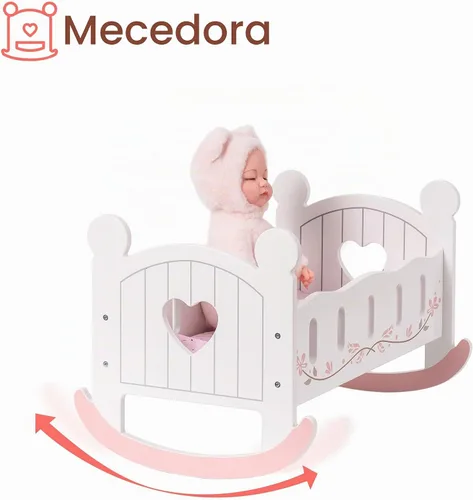 Vista 3 de Cuna de Muñecas de Madera ROBOTIME, Cuna de Muñecas con Balancín, Ropa de Cama Reversible para Niñas, Para Muñecas de Hasta 20 Pulgadas (Blanco)