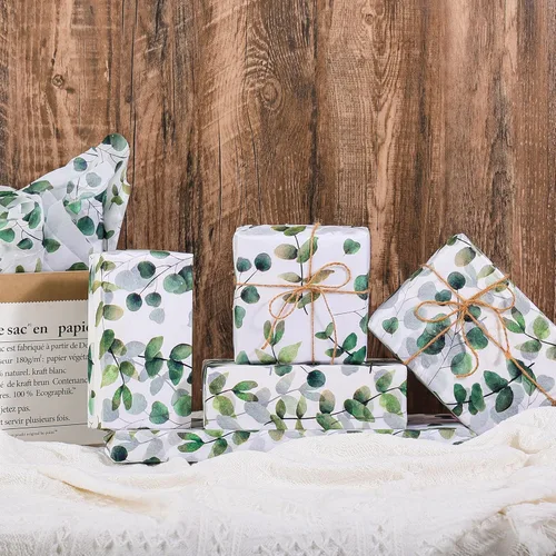 Vista 3 de 100 hojas de papel de seda de eucalipto reciclable vegetación botánica bolsa de embalaje para bodas, cumpleaños, duchas, manualidades, decoración