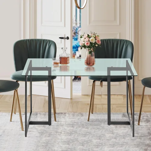 Vista 5 de FurnitureR Mesa de comedor de vidrio templado de 55 pulgadas para 4-6 personas, moderna mesa rectangular espaciosa y patas doradas, elegante