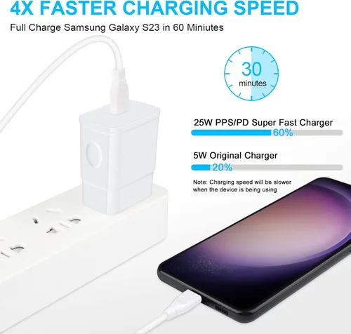 Vista 2 de Cargador súper rápido de 25 W, cargador de teléfono Android C de 10 pies de largo, cable USB tipo C, carga rápida para Samsung Galaxy A17 A16 5G A15