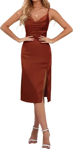 Vista 5 de LYANER - vestido de satén para mujer sin mangas a media pierna con cuello drapeado holgado y tirantes delgados estilo camisola con abertura