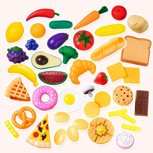 Vista 2 de JOYIN Juego de 50 piezas de juguetes de cocina, vajilla, frutas ficticias, verduras, accesorios de plástico para niños, juguete educativo