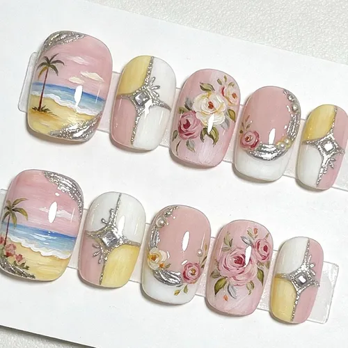 Vista 46 de Uñas postizas a presión con punta francesa, uñas postizas cuadradas cortas con diseños de cuentas de flores 3D, uñas blancas a presión, uñas Blanco