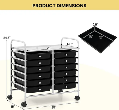 Vista 3 de Giantex Carrito con ruedas de 12 cajones, carrito de almacenamiento móvil con cajones, carrito organizador de aula para suministros escolares