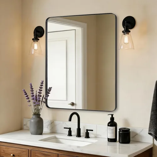 Vista 54 de ANDY STAR Espejo de pared cuadrado para baño, espejo de baño negro mate de 24 x 24 pulgadas, espejo de metal de esquina redondeada en marco de acero