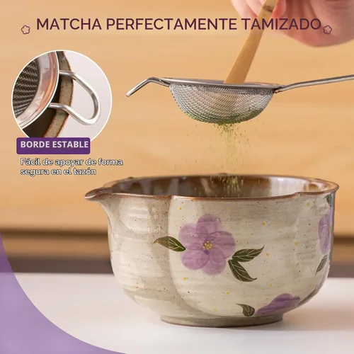 Vista 7 de Juego de batidor de matcha, juego de 7 piezas de matcha con cuenco de matcha pintado a mano Púrpura
