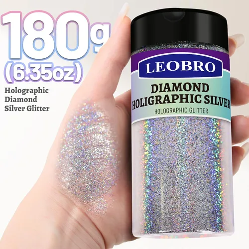 Vista 2 de Leobro - Brillantina plateada, 180g/6.35oz de brillo fino holográfico para resina, manualidades, vasos, uñas, cuerpo, diamante holográfico plateado