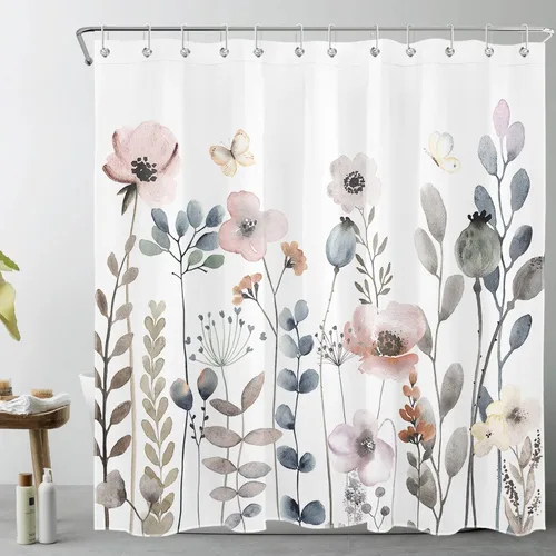 Vista 36 de Cortina de ducha con diseño bohemio de plantas y flores de acuarela sobre fondo beige, cortina de ducha de baño con hojas naturales, cortina
