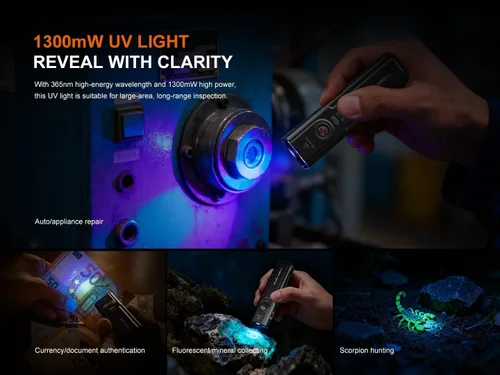 Vista 3 de Fenix E06R Pro 1600 lúmenes 4 en 1 linterna plana recargable EDC con haz rojo, luz UV, foco/reflector con estuche EdisonBright Acc (verde)