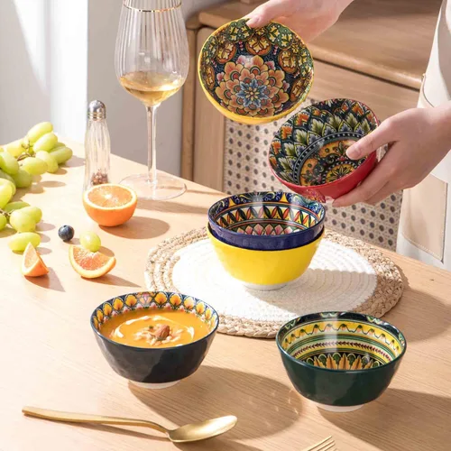 Vista 3 de Henten Home Juego de 6 cuencos pequeños para postre, juego de cuencos de arroz de cerámica de 12 onzas, cuencos coloridos de porcelana para Bohemio
