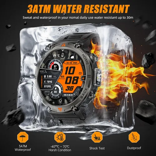 Vista 2 de Relojes inteligentes militares para hombres con GPS integrado con brújula linterna LED, reloj inteligente táctico resistente al agua 3ATM con texto