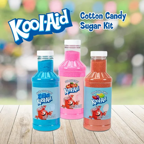 Vista 2 de Nostalgia Kool-Aid - Kit variado de algodón de azúcar – 3 sabores de azúcar de hilo dental (frambuesa azul, fresa, ponche tropical) – Botellas de 7
