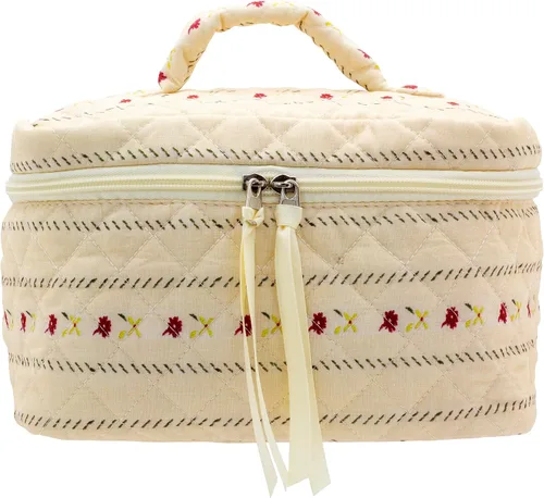 Vista 18 de PAZIMIIK - Bolsa de maquillaje de algodón para mujer, grande, acolchada para viaje, Rosa (Bow Pink), Vintage