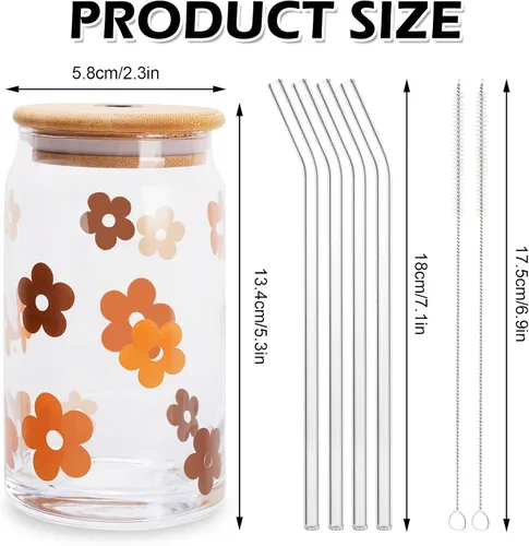 Vista 2 de Whaline Juego de 4 vasos para beber con tapas de bambú y popote de vidrio, taza de vidrio en forma de lata de 16 onzas, vaso de café helado, ideal