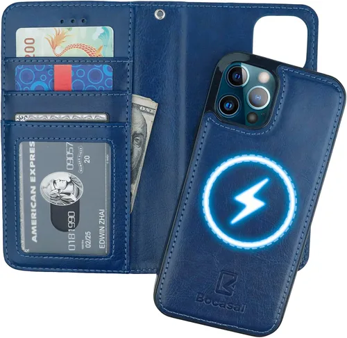 Vista 11 de Bocasal Funda tipo cartera compatible con iPhone 12 e iPhone 12 Pro con soporte para tarjetas de cuero PU magnética desmontable con soporte plegable