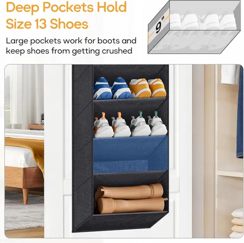Vista 7 de KIMBORA Organizador de zapatos para colgar sobre la puerta, 12 bolsillos grandes de malla, color blanco y 10 niveles para almacenamiento de puerta