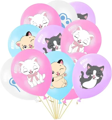 Vista 9 de Globos de fiesta de gatos, globos de gatito para decoración de cumpleaños, 16 globos de látex con estampado de gatos de dibujos animados