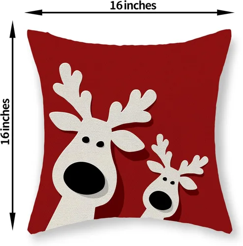 Vista 6 de Juego de 2 fundas de almohada navideñas de 16 x 16 pulgadas, fundas de almohada de lino color rojo con diseño de alces y ciervos de invierno