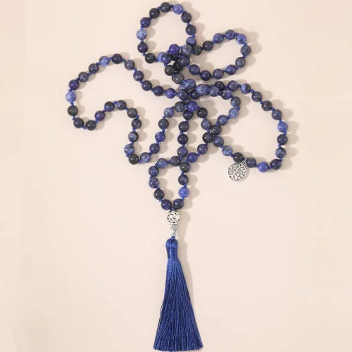 Vista 3 de 108 cuentas de Mala piedras semipreciosas Japa Mala cuentas borla collar con colgante de árbol de la vida