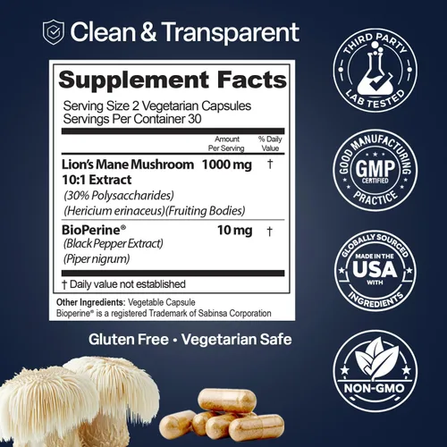 Vista 6 de Natures Elements Hongo melena de león con BioPerine – Extracto 10:1 – 1000 mg melena de león + 10 mg de bioperina – 30% polisacáridos – 60 cápsulas