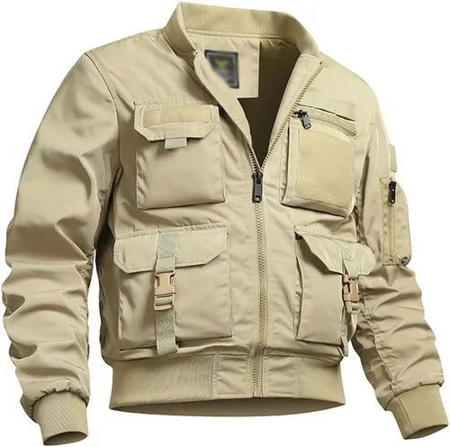 Vista 7 de XYGJZ Chaqueta bomber para hombre, chaqueta militar resistente al viento con múltiples bolsillos
