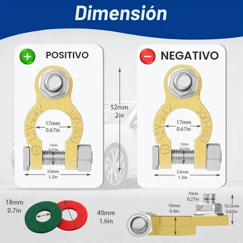 Vista 2 de Conectores de terminales de batería de latón Tnisesm con anticorrosión, terminales de batería M8 x 16mm con perno, juego de abrazaderas